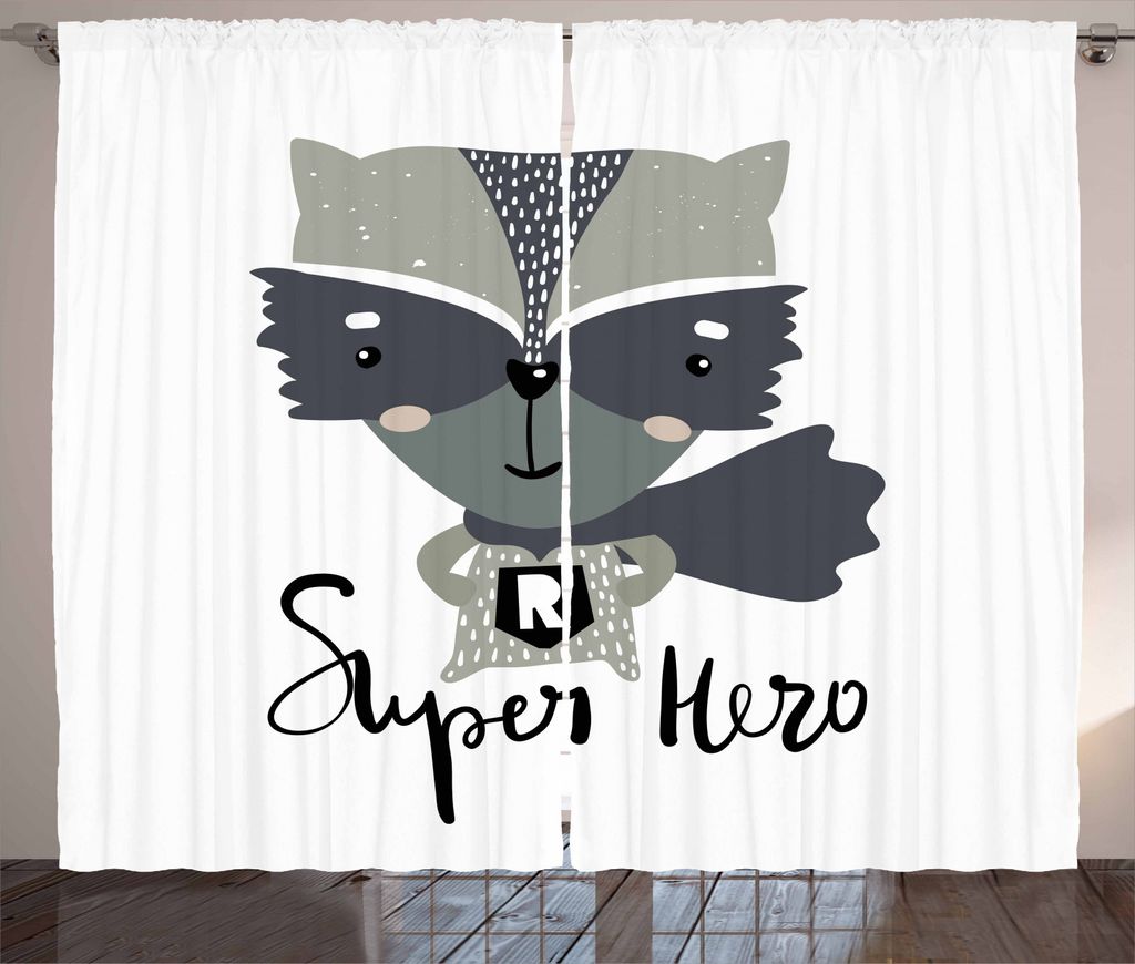 ABAKUHAUS Kindergarten Rustikaler Vorhang, Super Hero Waschbär, Wohnzimmer Universalband Gardinen mit Schlaufen und Haken, 280 x 245 cm, Mehrfarbig