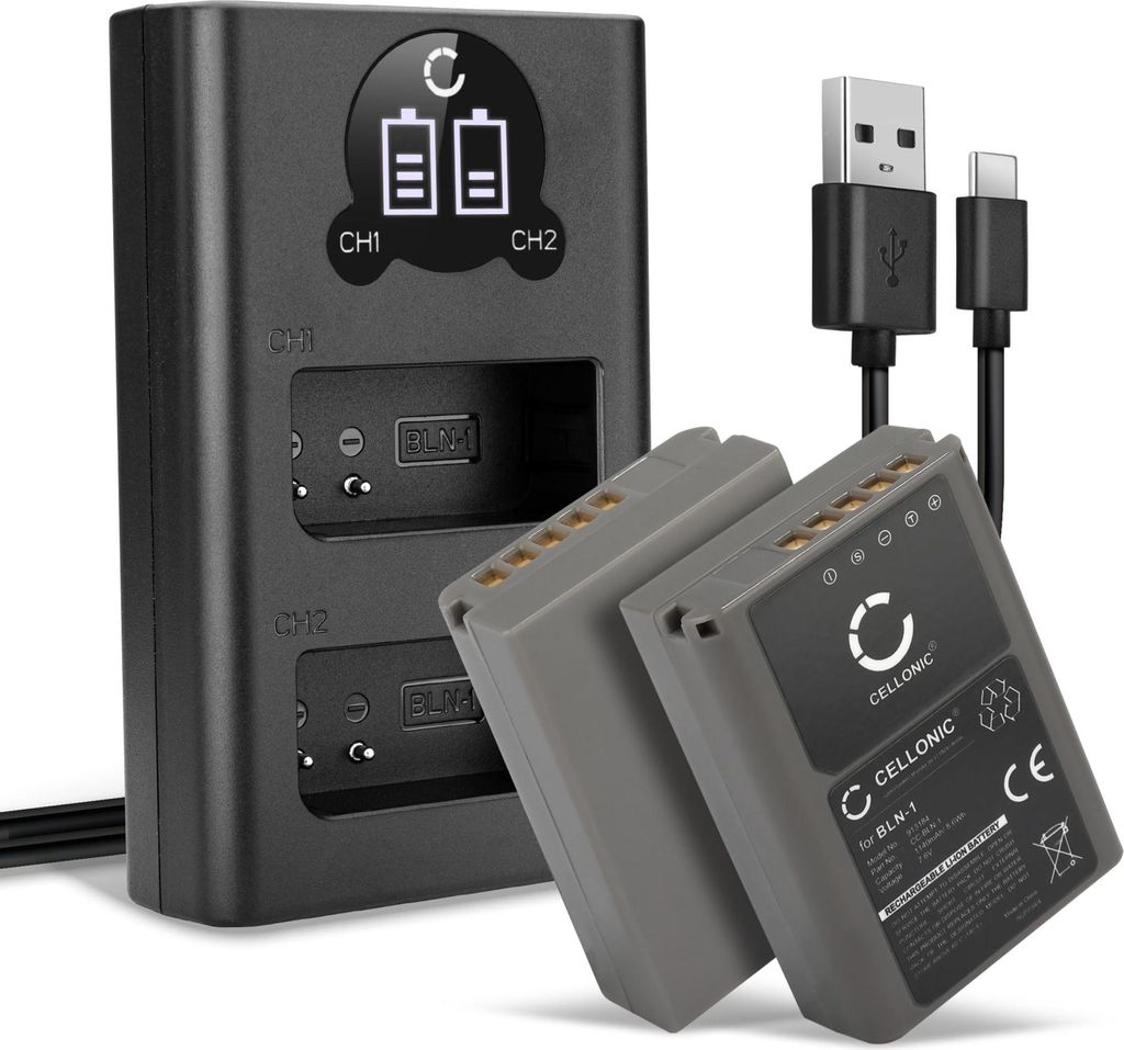 CELLONIC 2x Akku für Kamera Kompatibel mit Olympus OM-D E-M1, Pen E-P5, OM-D E-M5 Mark II, BCN-1 - (1140mAh, 7.4V ) + Dual Ladegerät