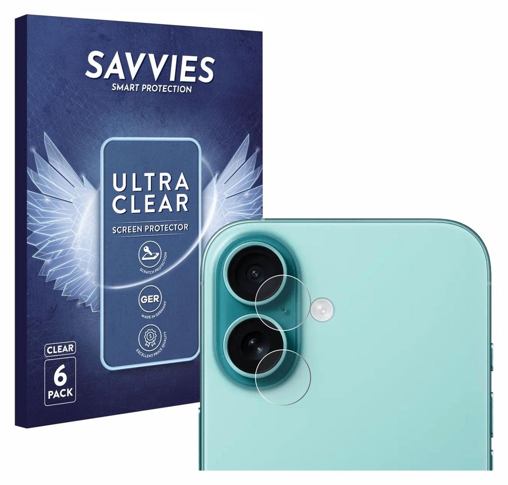 A product box for screen protectors and a close-up of a phone's camera lenses with screen protectors applied.