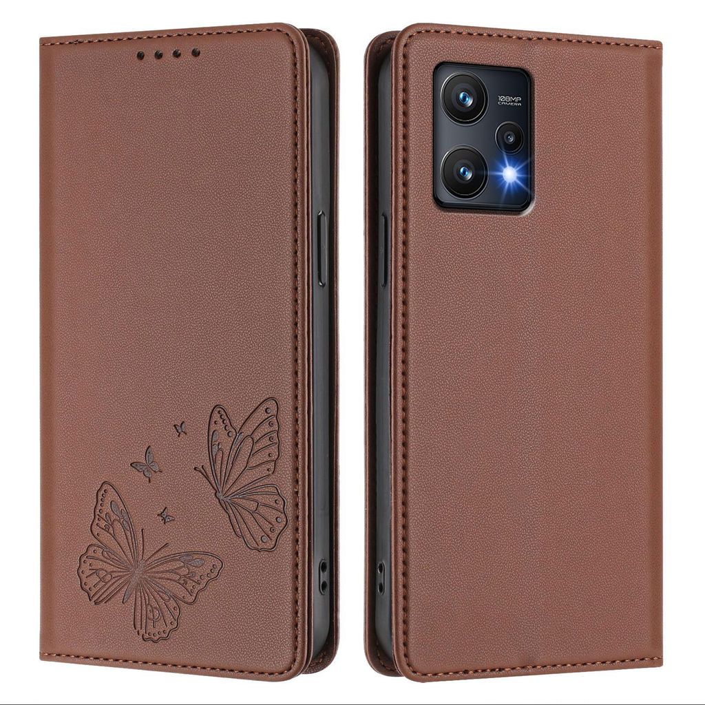 Lederhülle für Realme 9 Pro 5G, Schmetterling Prägung Leder Brieftasche Schutzhülle mit Ständer Braun