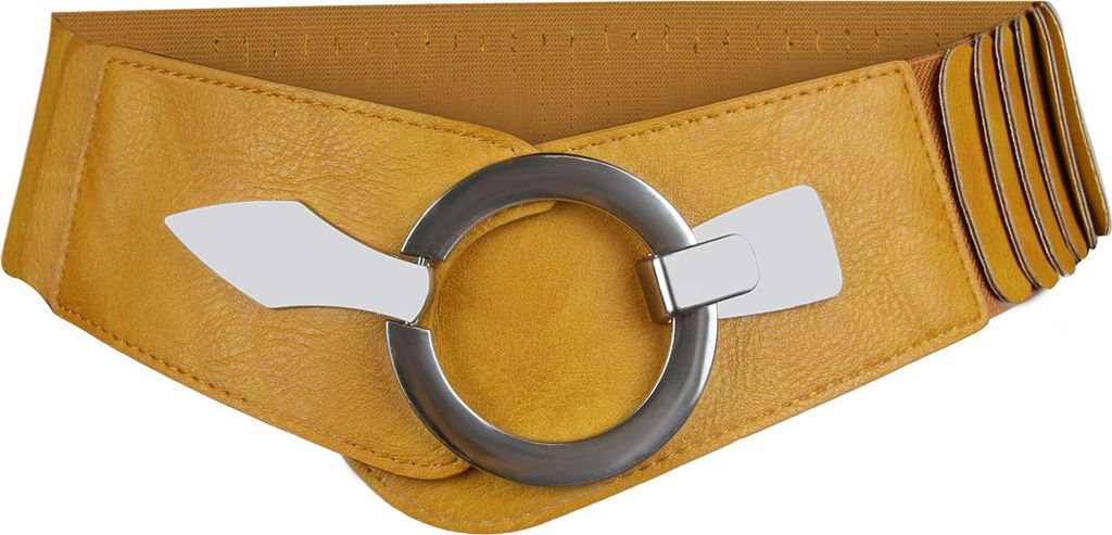 Elastischer Damen Taillengürtel, ca. 6 cm breiter Hüftgürtel mit silberner Ring-Schließe, Stretchgürtel, Ocker, Größe 80