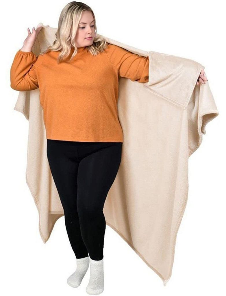 Flanell-Poncho zum Tragen, weicher Deckenumhang mit Armtaschen, warme, kuschelige Decke für Erwachsene, ideal für Zuhause, Büro und Reisen.