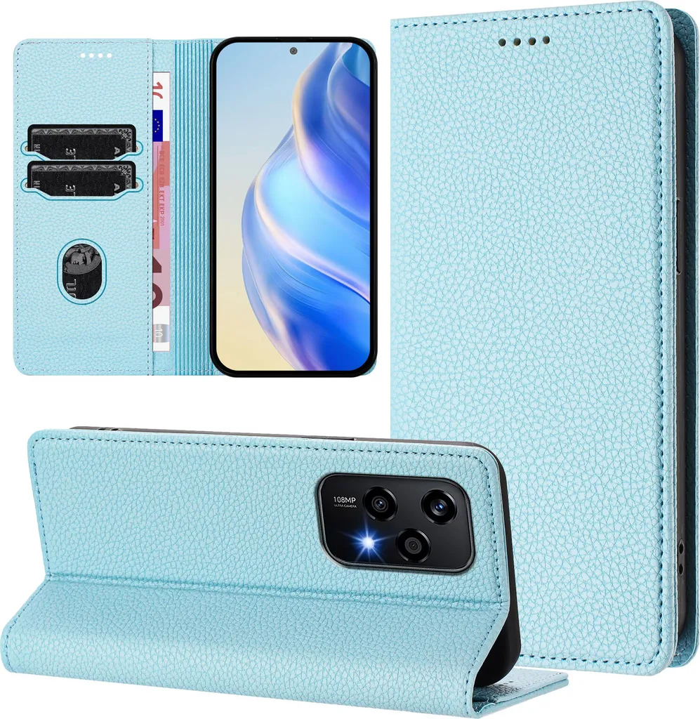 Cover Honor 200 Lite Pelle Litschi Blu Chiaro con Stand e Porta Carte - 3