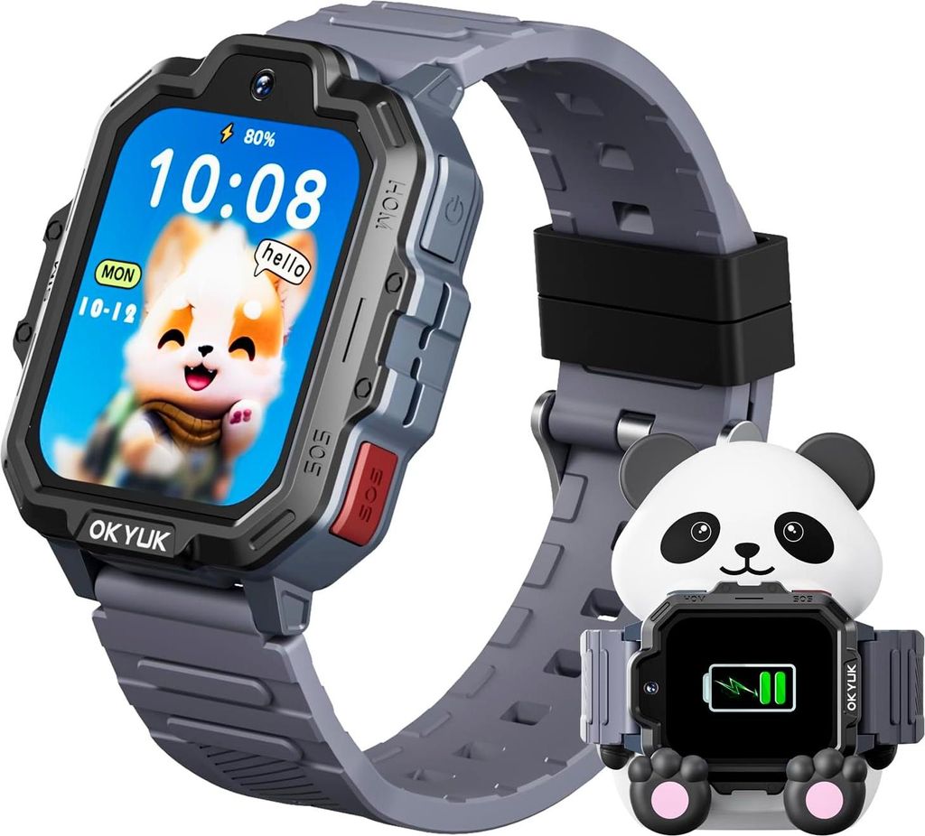 Smartwatch Kinder mit GPS, 4G Kinder Smart Watch mit Videoanruf, SOS Notruf, Sprachchat, SMS, Kamera, Wecker, Panda-Ladestation, Kinderuhr für Mä...