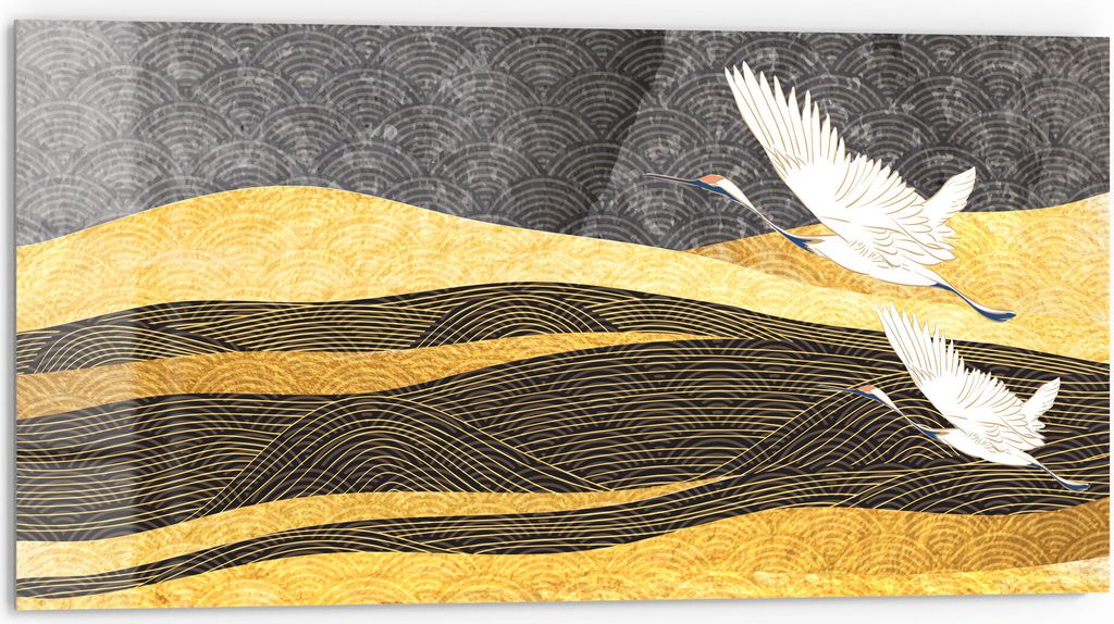 DEQORI Küchenrückwand Glas 80x40 cm 'Fliegende Kraniche' Spritzschutz Bad Rückwand