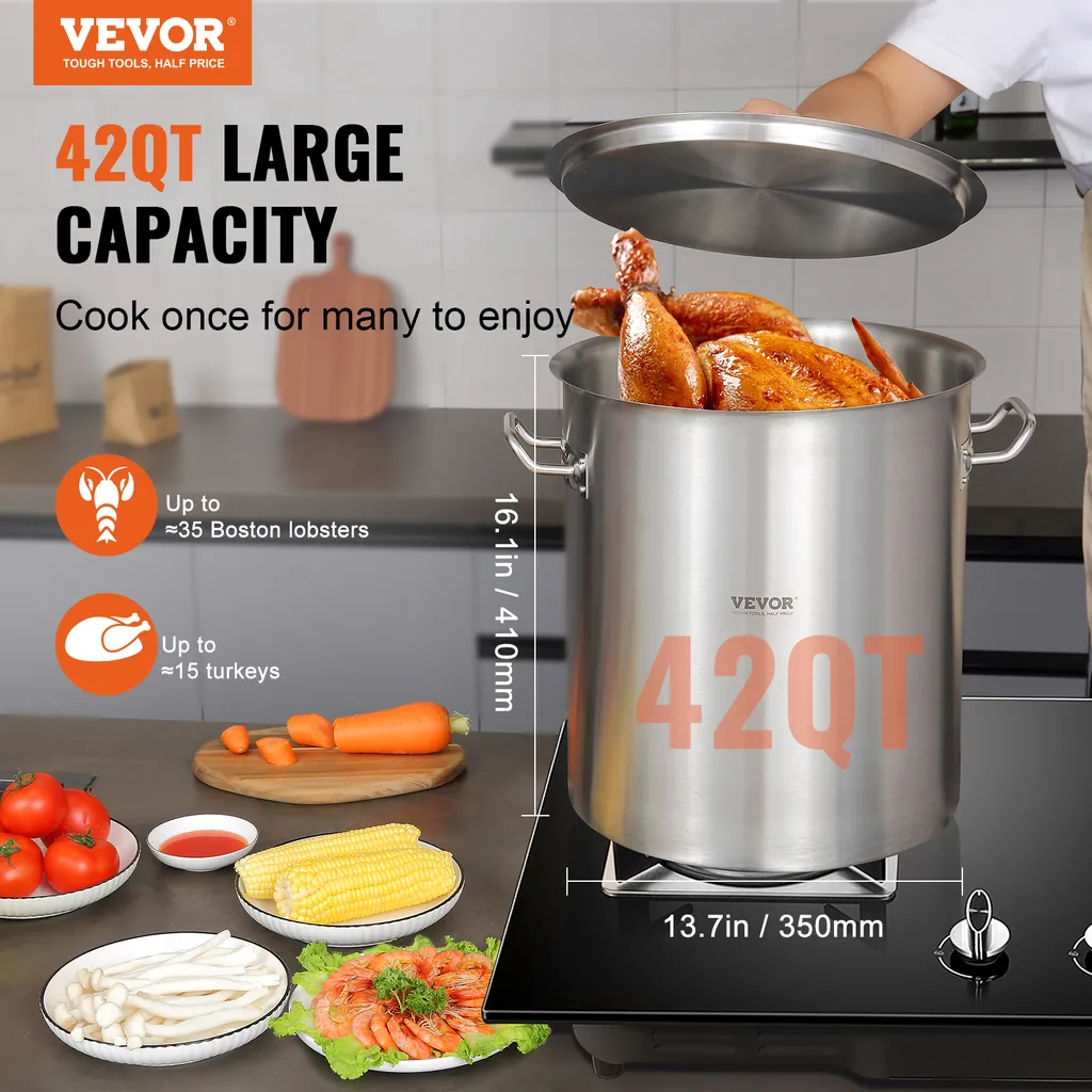 VEVOR pentola di cottura 39,7 L in acciaio inox, 350 x 410 mm Pentola per zuppa di grande volume con setaccio, adatta come pentola per asparagi pentola per salse, pratica pentola da cucina per ingredienti di grandi dimensioni, pentola per cottura a induzione pentola per cottura a induzione - 2