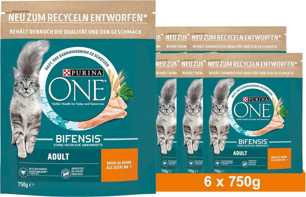 PURINA ONE BIFENSIS Adult Katzenfutter trocken, reich an Huhn, 6x750g (6x750g)