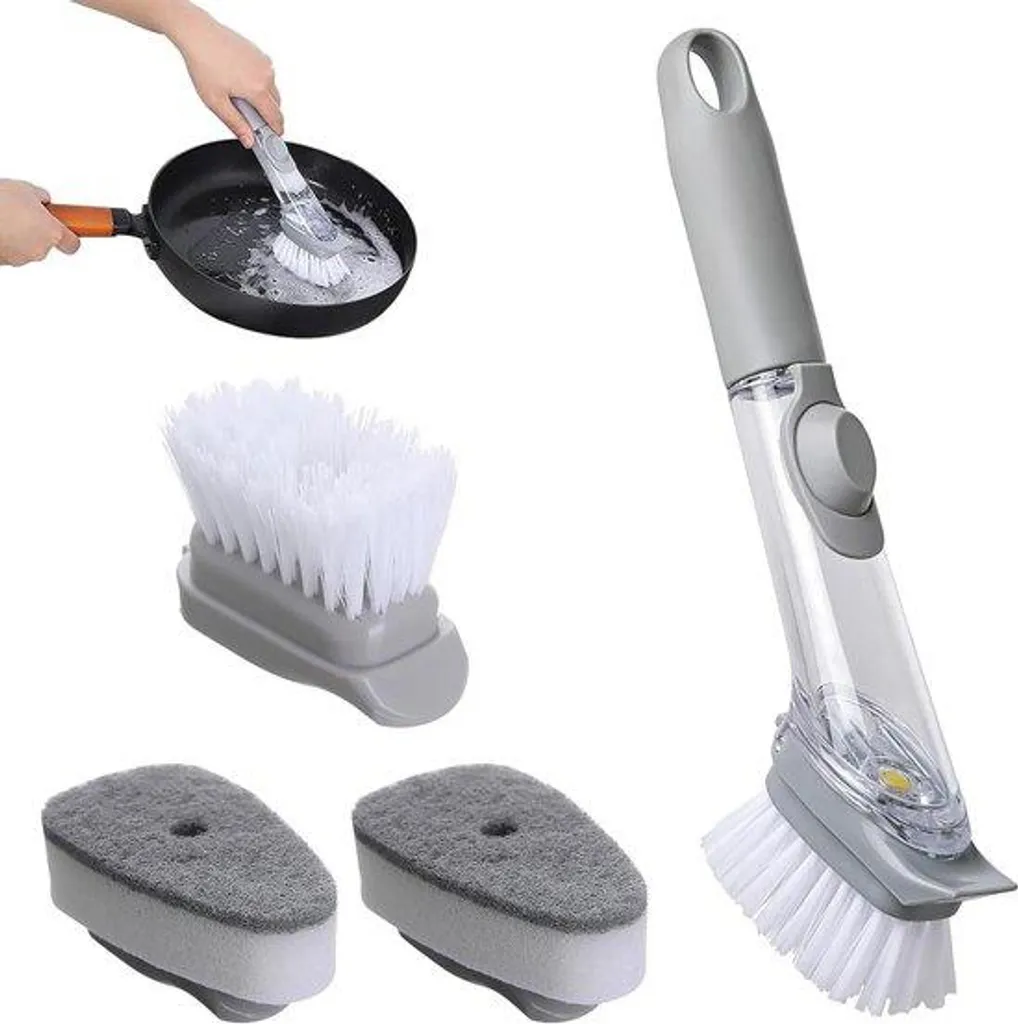 Brosse-éponge évier avec distributeur de savon et 4 têtes de rechange