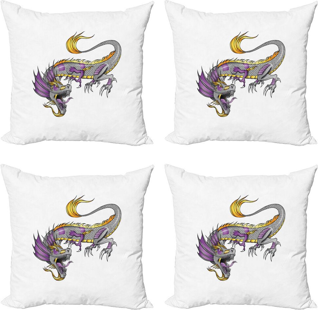 ABAKUHAUS japanische Drachen Kissenbezug Set (4 Stück), East Beast, Moderner Doppelseitiger Digitaldruck, 60 cm x 60 cm, Grau Violett