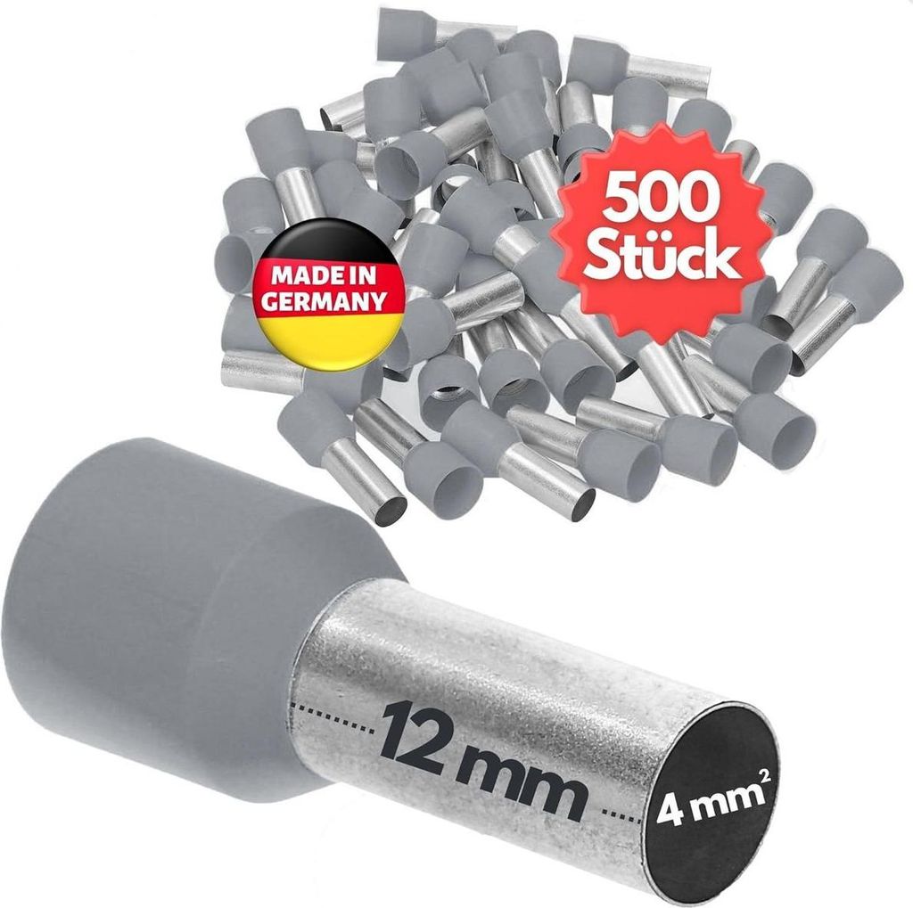 500 Stück Kalitec AE412GR Aderendhülsen isoliert 4,0mm² 12mm lang grau I Germany I Industriequalität