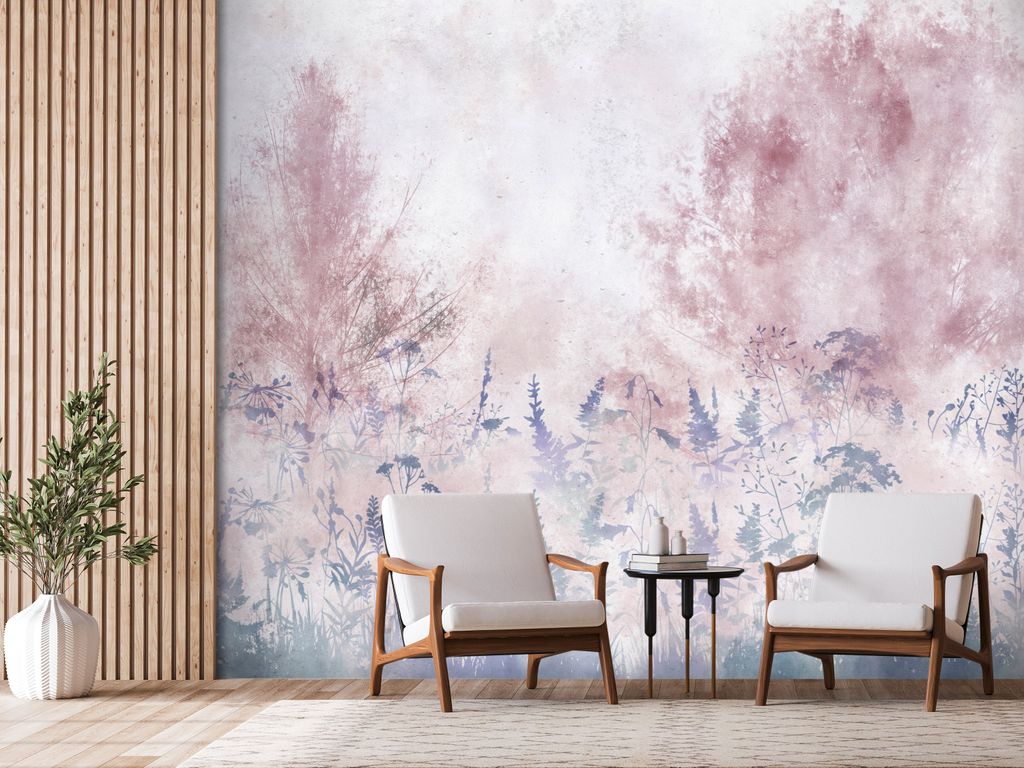 Vlies Fototapete Betonoptik 400x280 cm Tapeten Wandtapete XXL Wiese Blumen Gras rosa blau Natur wie gemalt b-A-10293-a-a