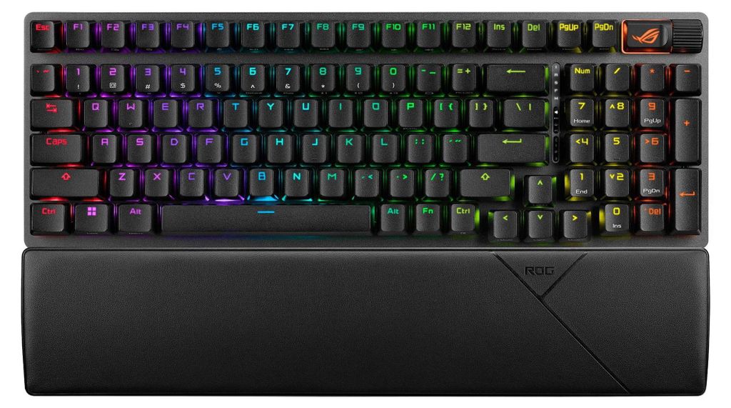 A top-down view of a gaming keyboard with RGB lighting and a wrist rest.