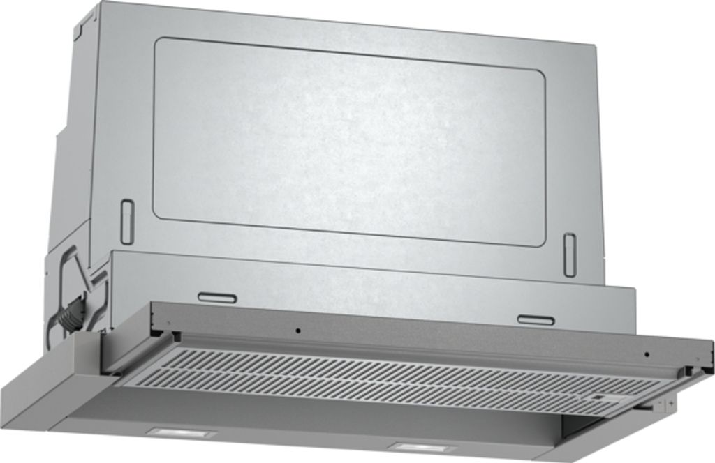 A silver range hood is shown against a white background.