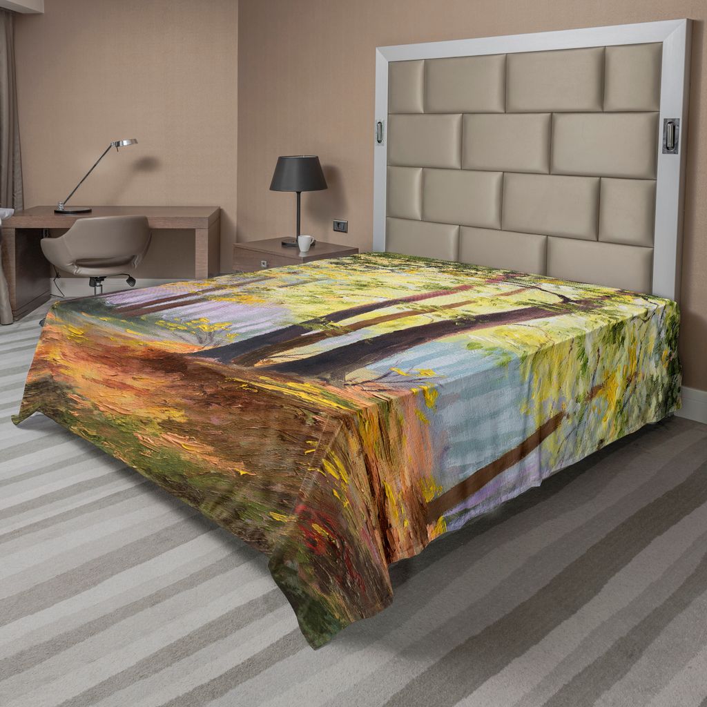 ABAKUHAUS Land Bettlaken, Bild Der Frühlings Landschaft Im Wald Mit Fallendem Blatt Verschiedenen Baum Mod Druck, weiches bequemes oberes Bettlake...