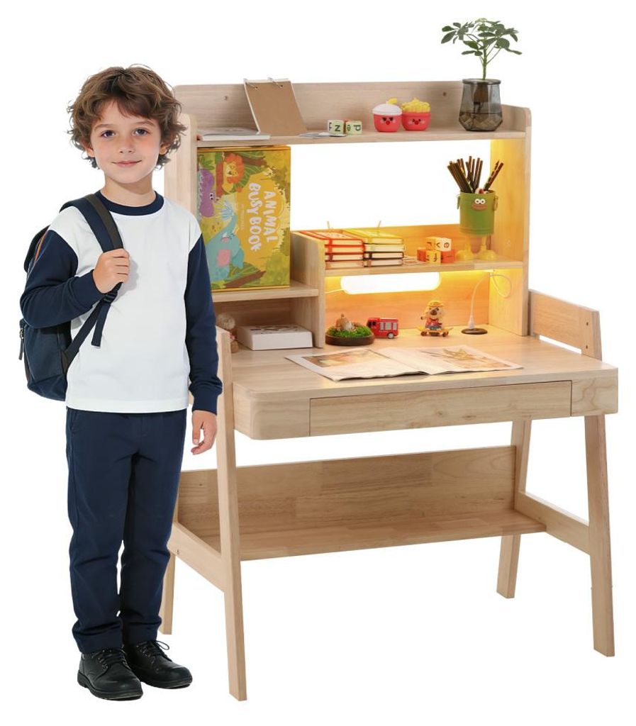 Höhenverstellbarer Kinderschreibtisch aus Massivholz mit LED-Licht, USB, Schublade & Stauraum, naturfarben, ideal ab 6 Jahren