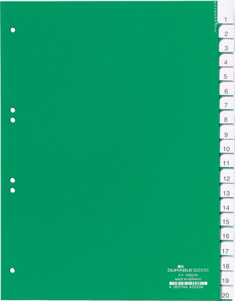 DURABLE Register A4 20-tlg. umschweißt mit Deckblatt, 622305 grün