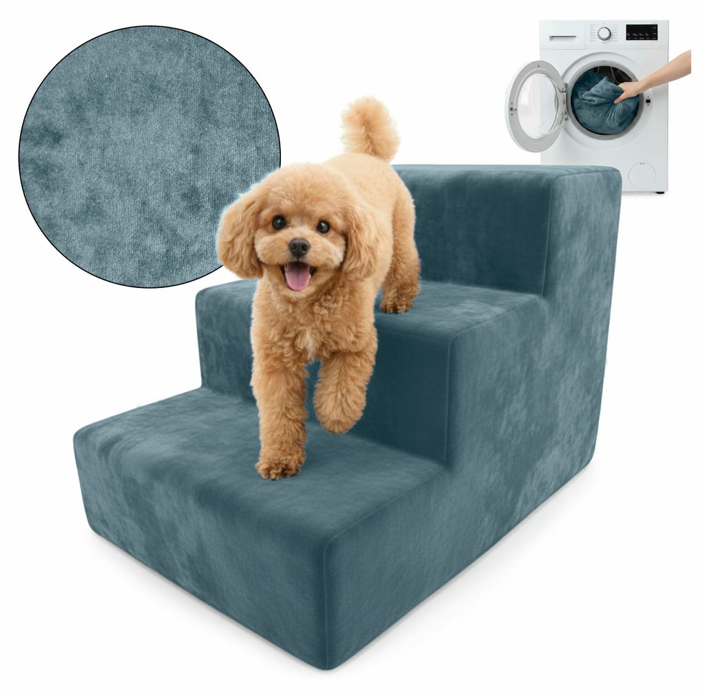 Muralo Treppe für Hund und Katze Rampe HUNDETREPPE Treppe für Haustiere 3 Stufen Meerfarbe Magic Velvet Stoff