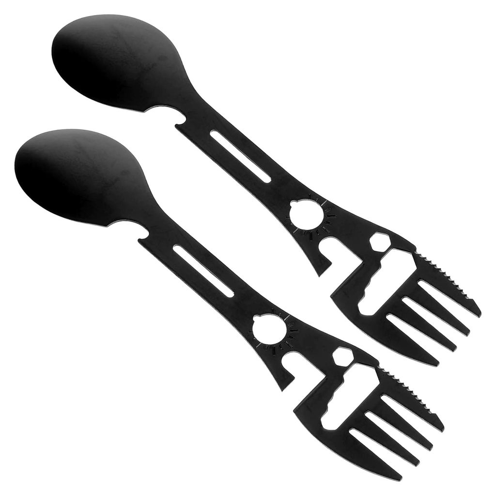2 Stück Camping-Spork aus rostfreiem Edelstahl, kompakt und multifunktional mit Flaschenöffner, Gabel und Löffel für Wandern und Zelten