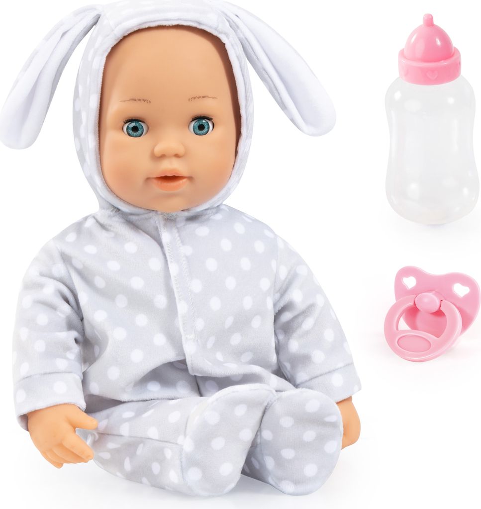Bayer Design 93822AC Babypuppe Anna, spricht 24 Babylaute, weicher Körper, Schlafaugen, Schnuller, Flasche, 38 cm, grau, weiß