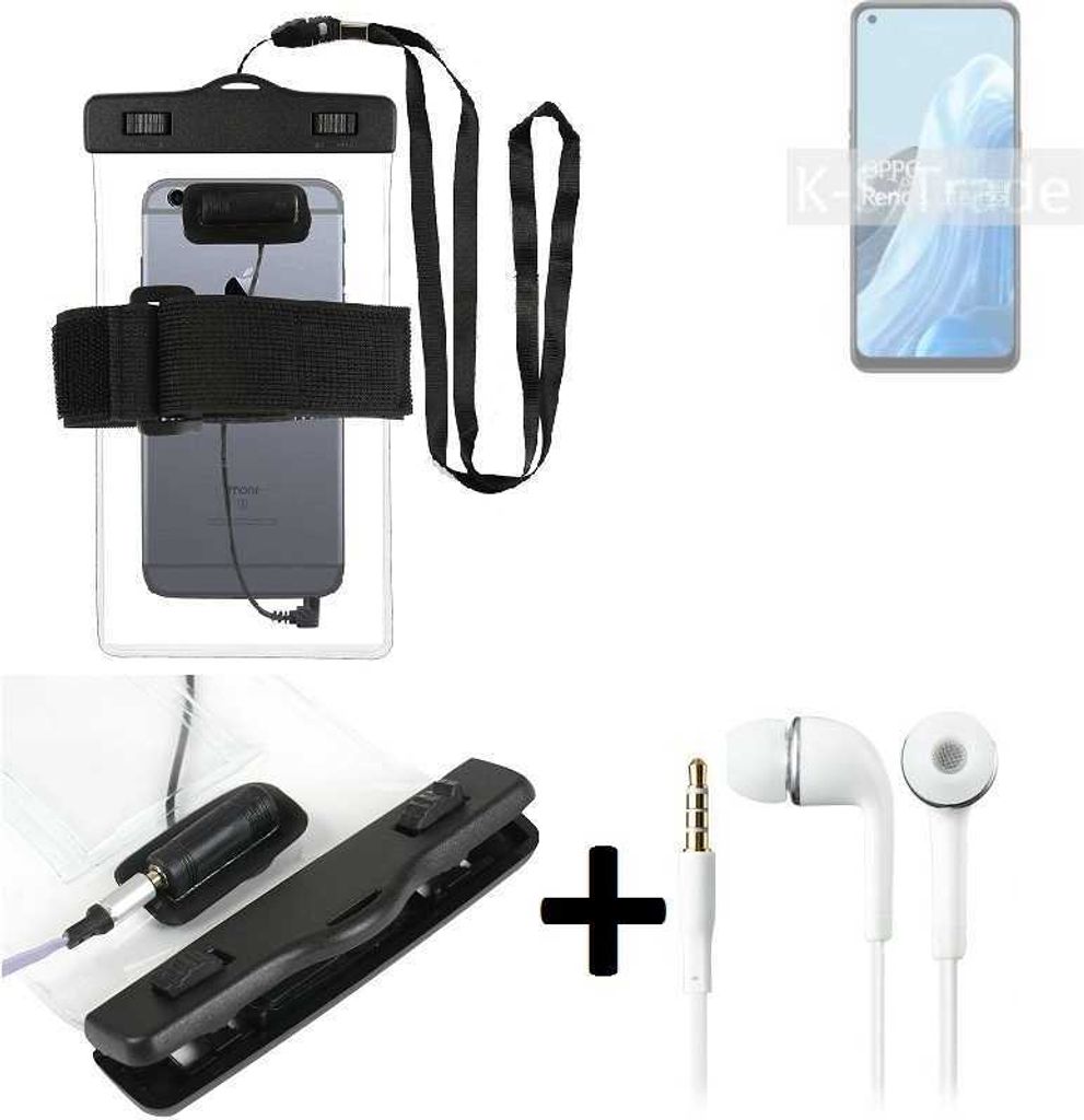K-S-Trade Wasserdichte Hülle + Kopfhörer kompatibel mit Oppo Reno8 Lite 5G transparent Jogging Armband Wasserfeste Handy Hülle beach bag outdoor