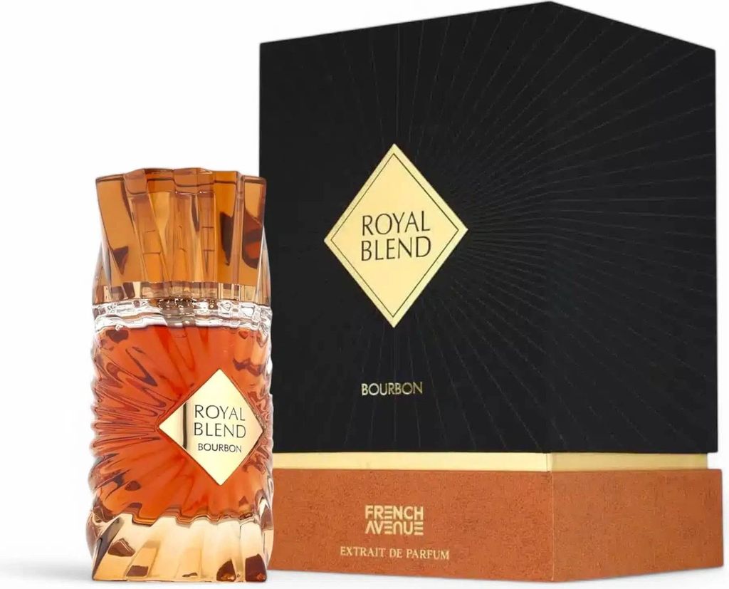 A bottle of French Avenue Royal Blend Bourbon Eau de Parfum and its packaging are displayed against a white background.