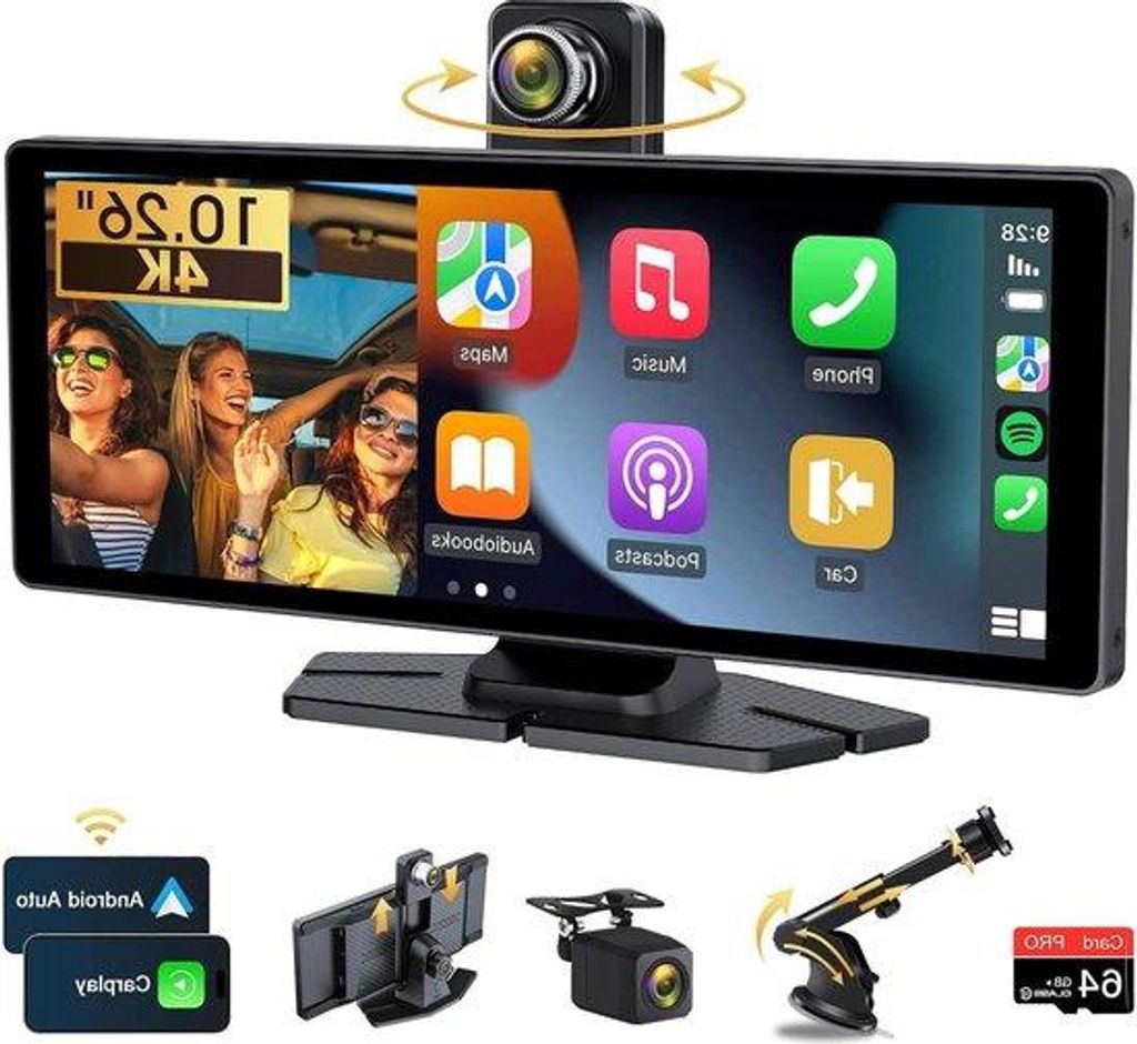10.26 Zoll Wireless Carplay Android Display mit Apple Carplay, 4K-Dashcam und HD IPS Touchscreen