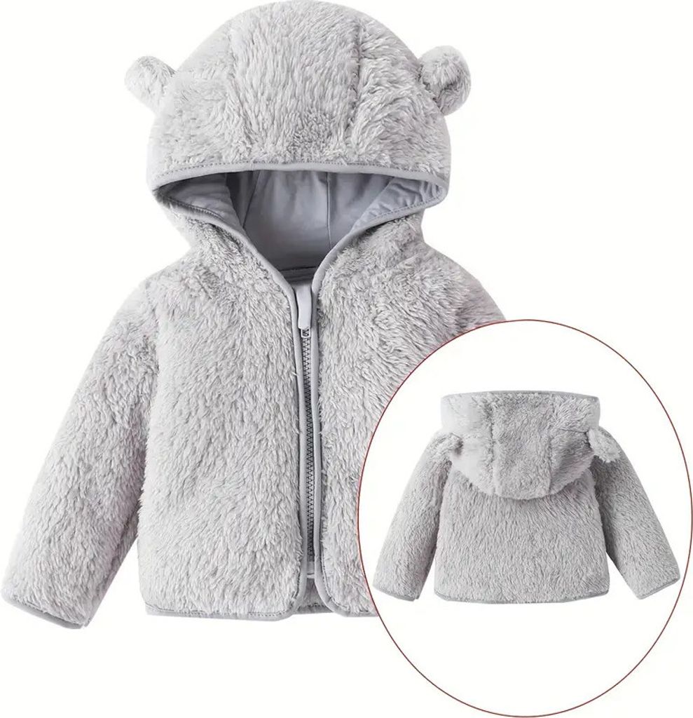 Cozy Bear-Ear Hooded Jacket for Toddlers - Girls & Boys Zip-Up Teddy Sweater - Warm Winter Outerwear, 70/0-6M