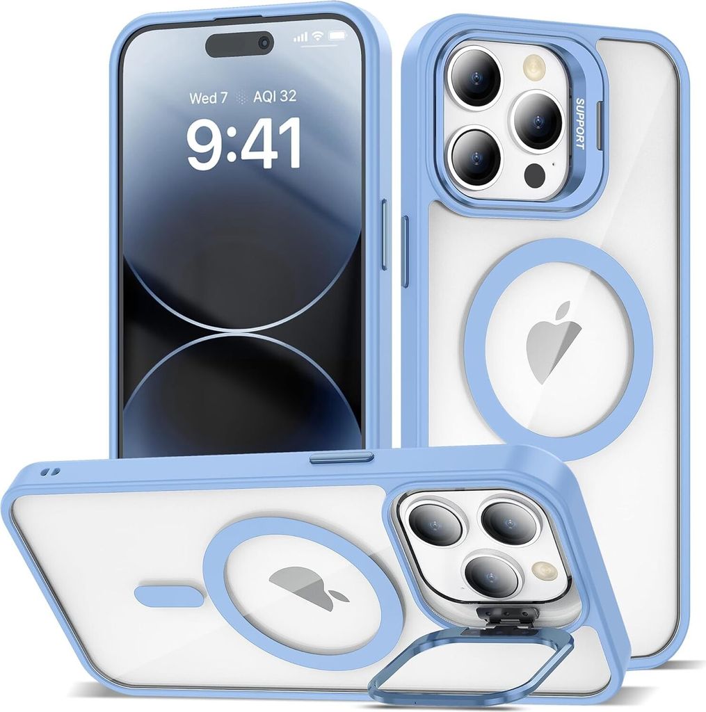 Magnetisch Hülle für iPhone 16 Plus, Kompatibel mit MagSafe, Transparent Rückseite TPU Bumper Handyhülle mit Kameraständer Blau