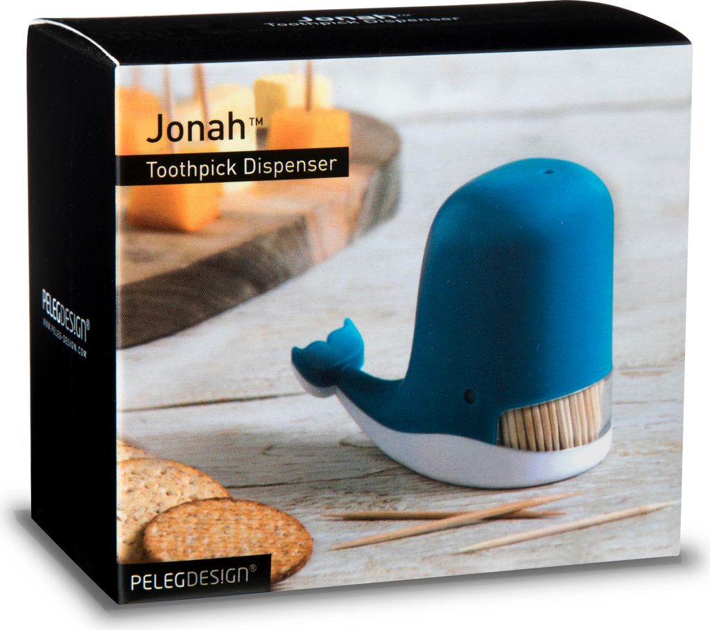 A product box for a whale-shaped toothpick dispenser, with crackers and toothpicks shown on a wooden surface.