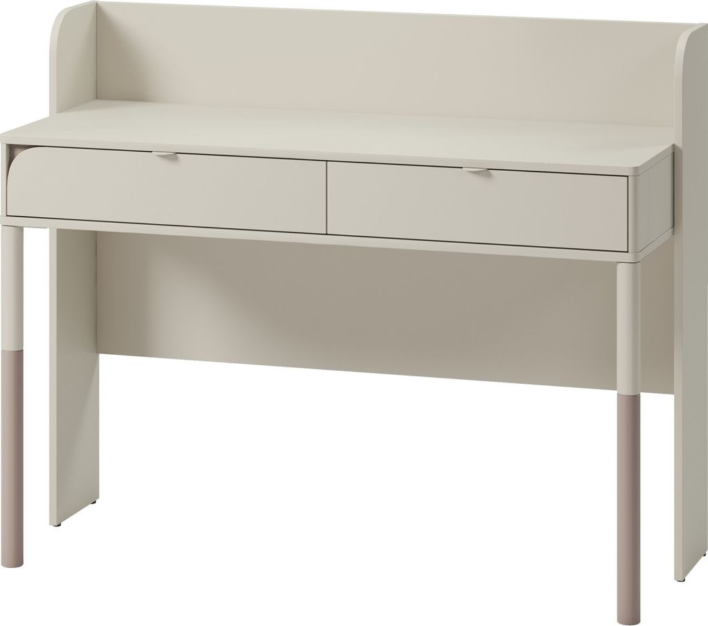 A studio shot of a desk against a white background.
