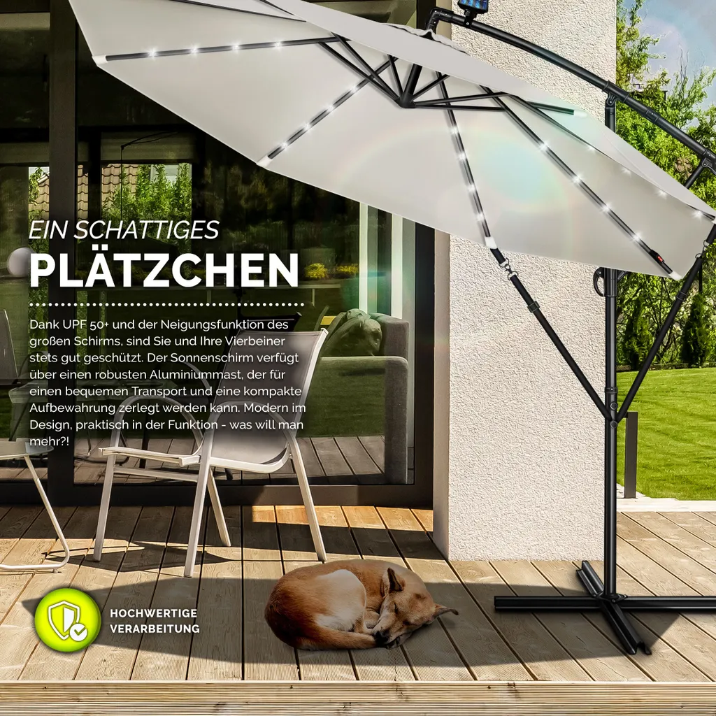 tillvex ombrellone a sbalzo in alluminio Beige LED Solar Ø 350 cm con manovella | ombrellone con interruttore on/off | ombrellone da giardino protezione UV alluminio | ombrellone a manovella con supporto ombrellone da mercato impermeabile - 7
