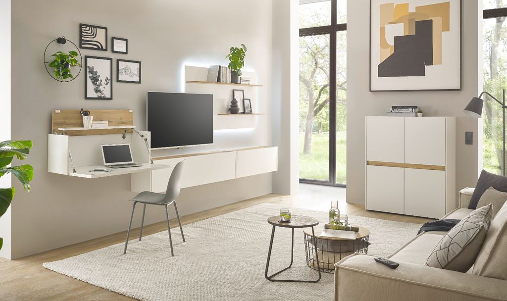 Wohnwand mit Sekretär "Center" in weiß und Wotan Eiche, Wohnkombination 5-teilig