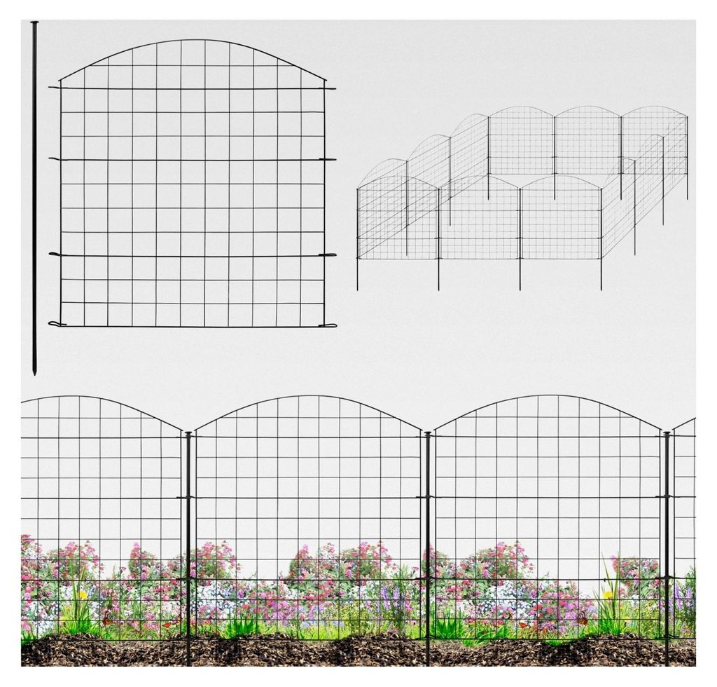 Gartenzaun Steckzaun Teichzaun für Garten und Teich, 12 Zaunelemente, 78 cm hoch, Metall Hundezaun Gitterzaun Oberbogen Schwarz V2A, 6 x 6 cm