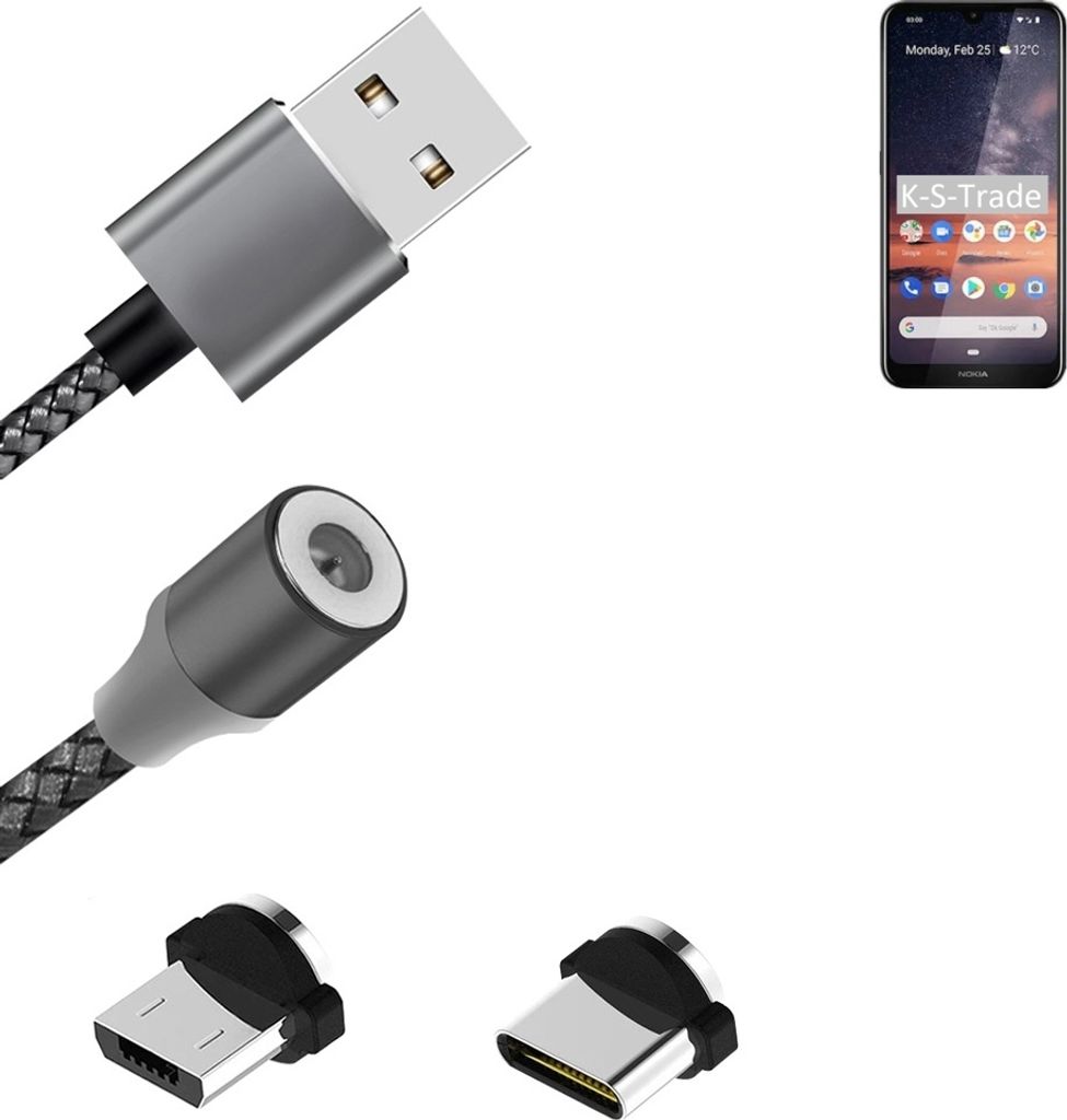 K-S-Trade Hochwertiges Magnet-Lade-kabel Sync-Kabel Daten-Kabel für Nokia 3.2 mit USB-Typ-C-Anschluss und Micro-USB-Anschluss 2A bis zu 480mbps