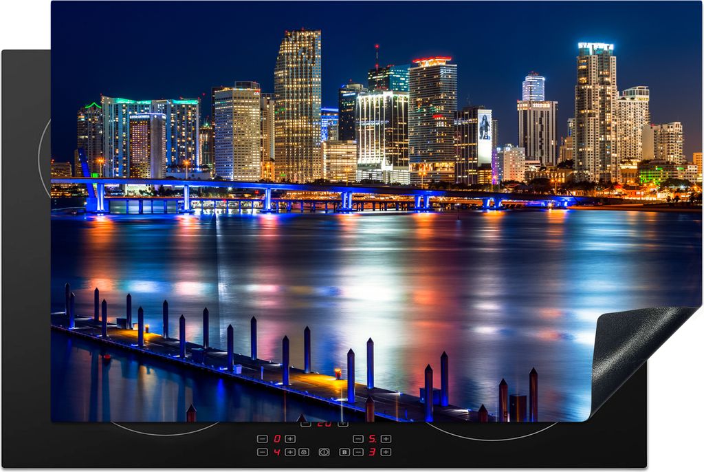 KitchenYeah Herdabdeckplatte Skyline - Miami - Amerika , 80x52cm, Küche Deko, Glaskeramikfeld Herdabdeckung, Abdeckplatte fùr Kochfeld