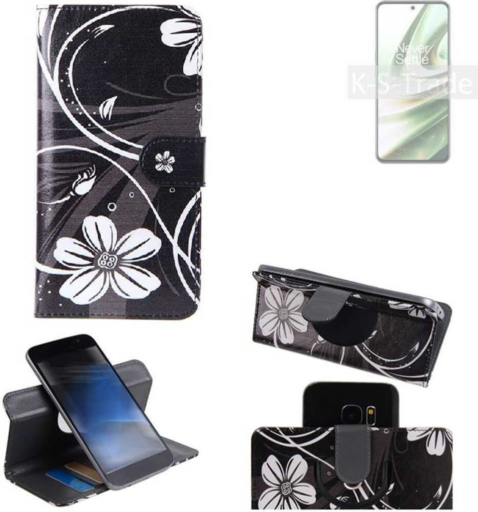 K-S-Trade Schutzhülle Handyhülle kompatibel mit OnePlus 10R 5G Hülle 360° Wallet Case ''Flowers'' Klapphülle Hülle schwarz-weiß 1x