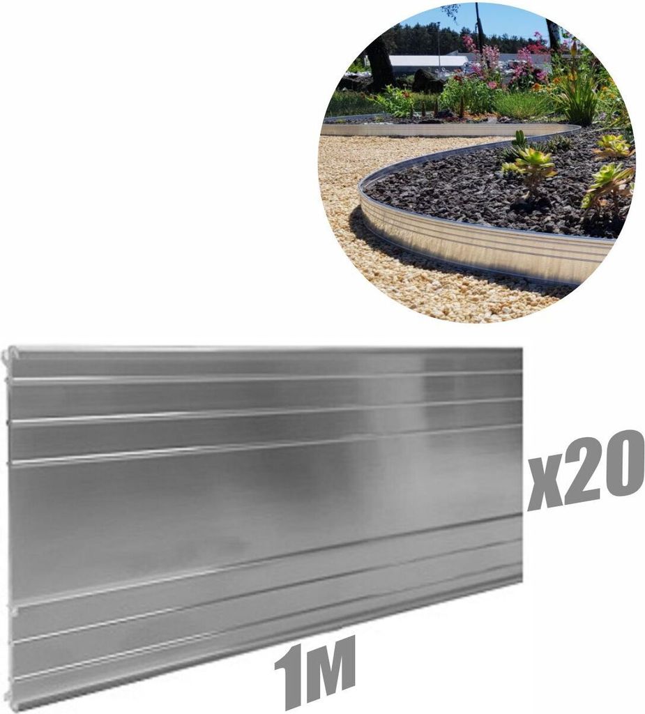 20er Set Ultra Starke Alu Rasenkanten 24cm x 1m (20m lang) | Beeteinfassung | Beetumrandung | Beetbegrenzungen, Color:ohne Farbe