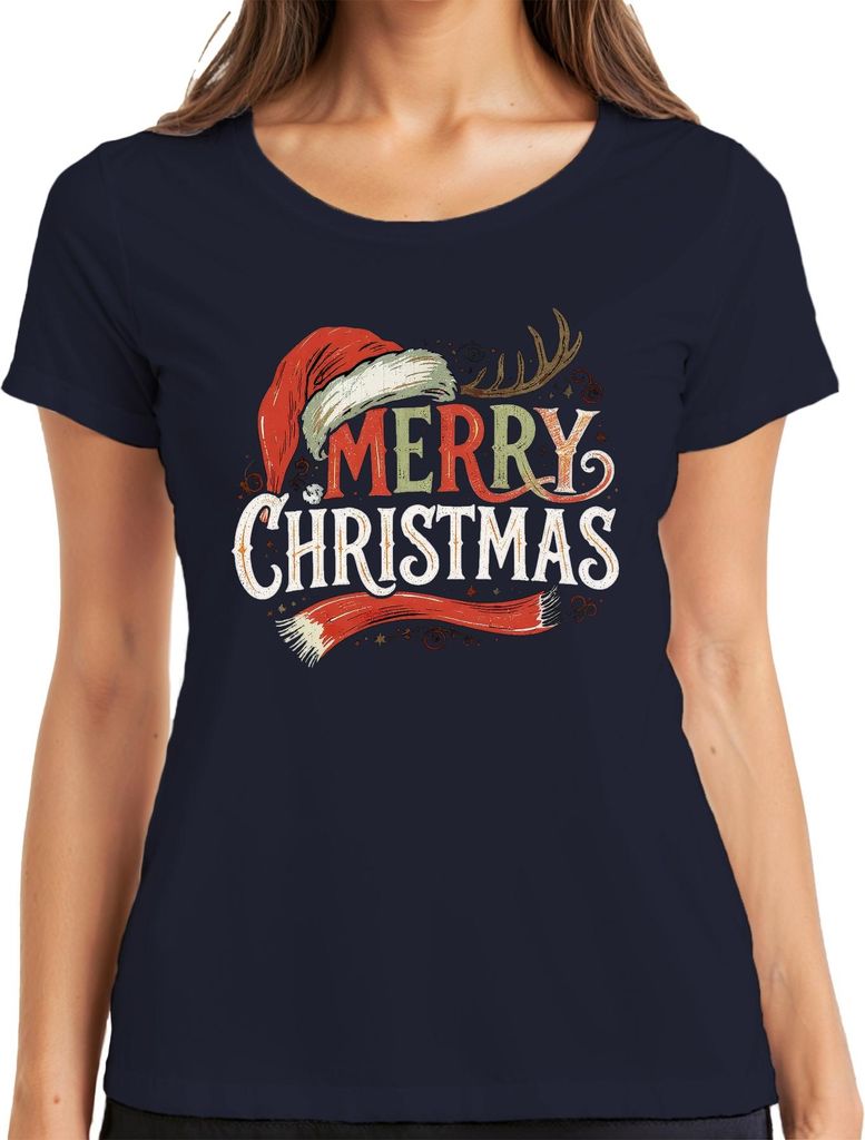 MERRY CHRISTMAS Weihnachtsmütze Rentier Vintage Retro Weihnachten Damen T-Shirt, Navy, XXL