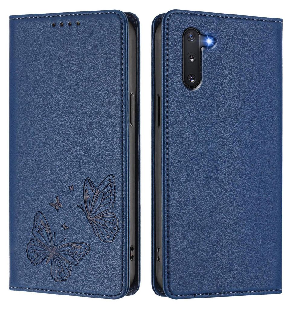Lederhülle für Samsung Galaxy Note 10, Schmetterling Prägung Leder Brieftasche Schutzhülle mit Ständer Dunkelblau