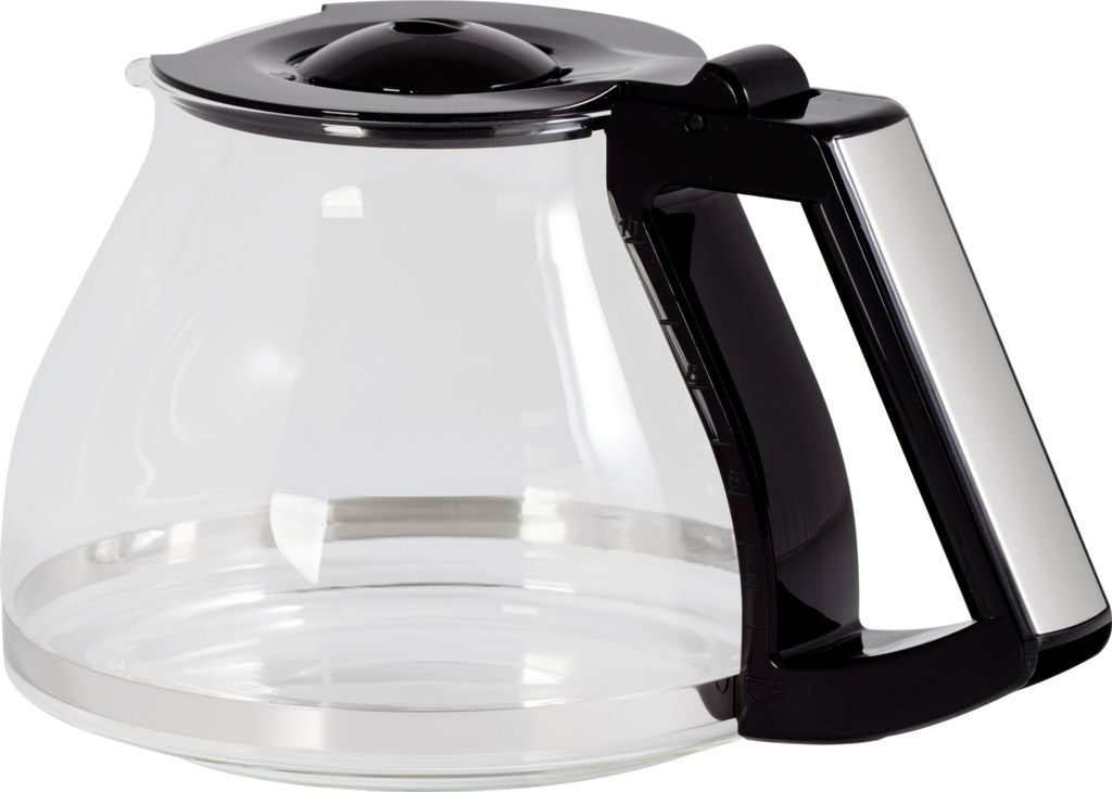 A clear glass coffee pot with a black handle and silver accents.