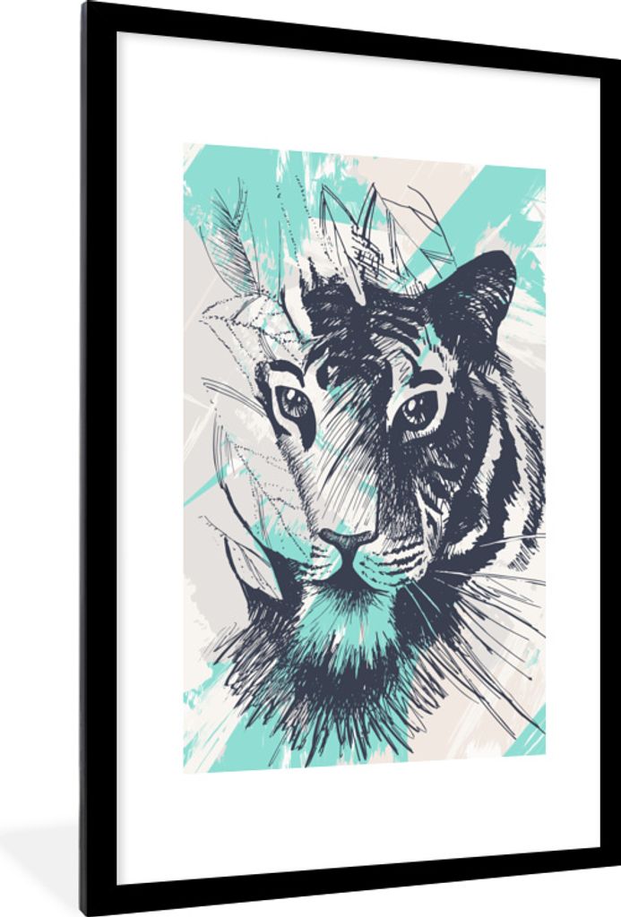 MuchoWow MuchoWow Gerahmtes Poster Tiger - Abstrakt - Weiß 60x90 cm - Poster mit zchwarzem Bilderrahmen - Dekoration - Wandposter Wohnzimmer -...