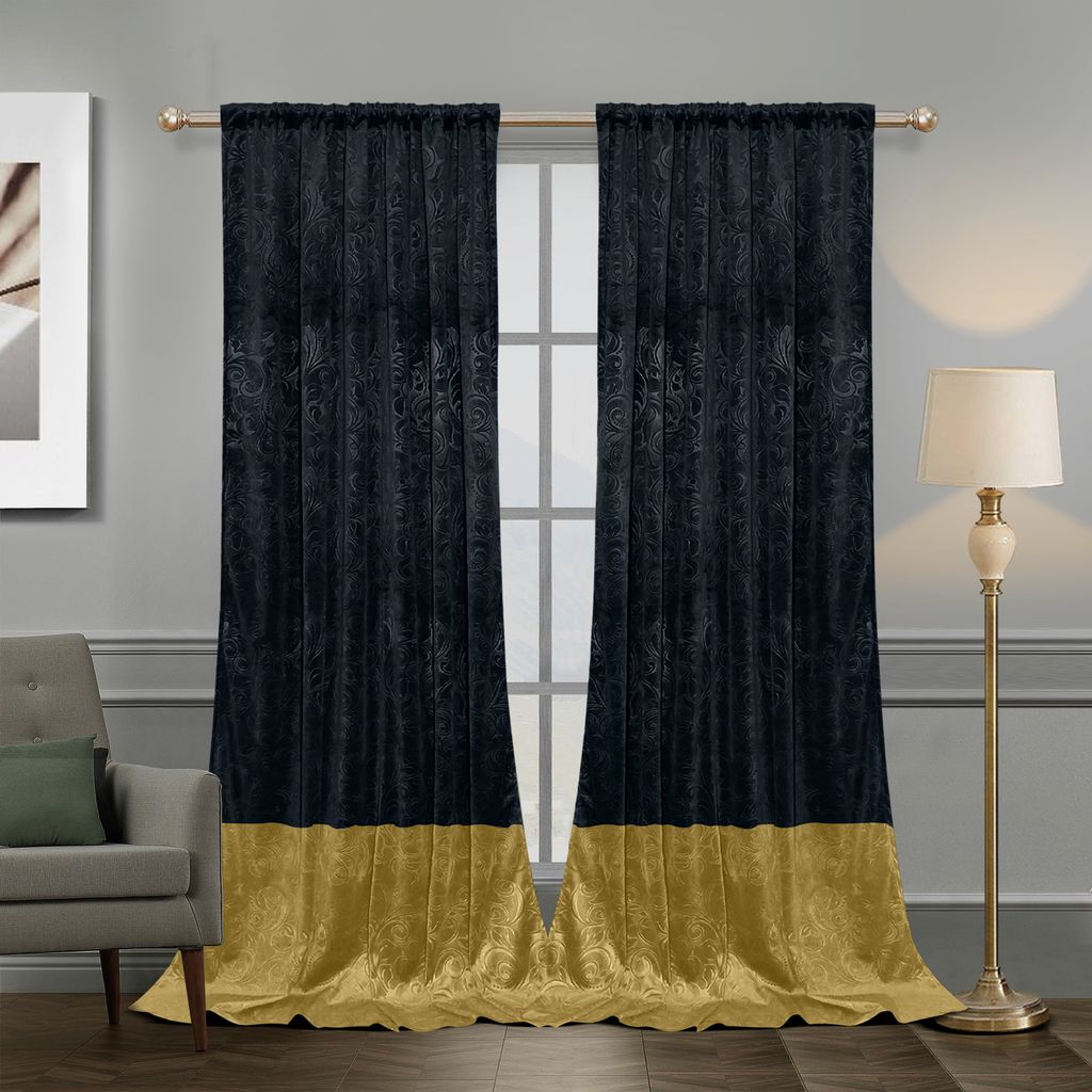 Samt Vorhang 2er Set Verdunkelung Gardine Thermovorhang Luxus Blumen Gemustert Dekoschal für Wohnzimmer Schlafzimmer, B132xH274cm, Schwarz & Gold