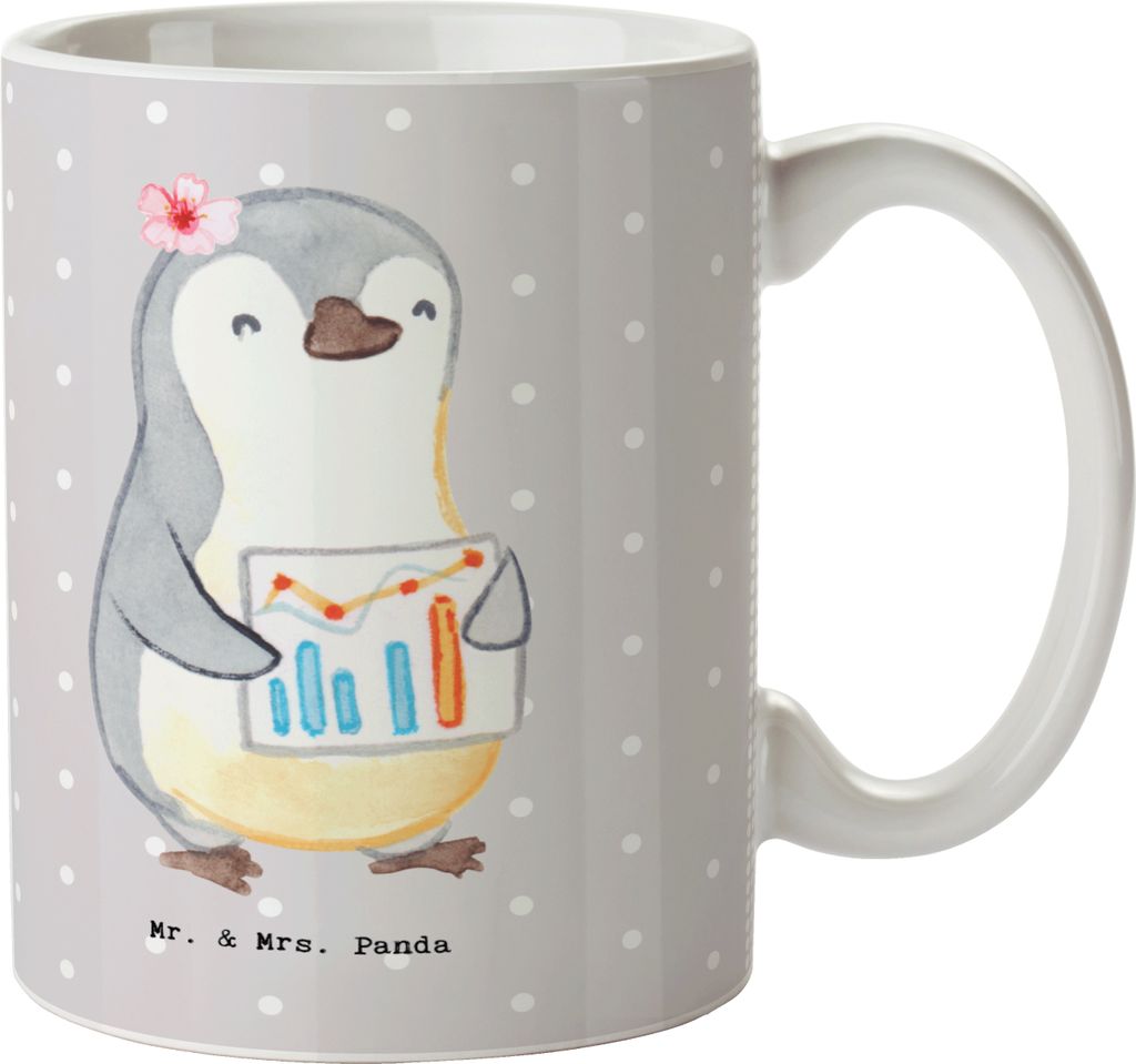 Mr. & Mrs. Panda Kaffeetasse Wirtschaftsanalytikerin Herz - Grau Pastell - Geschenk, Geschenktasse, Pott, Tasse, Kaffeebecher, Becher