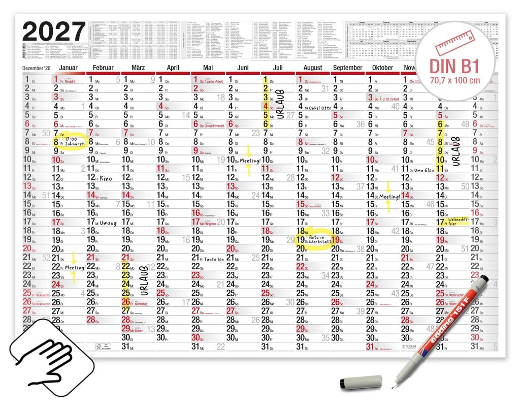 Wandkalender 2027 XXL B1 Abwischbar mit Edding Stift 70x100 Produktbild 