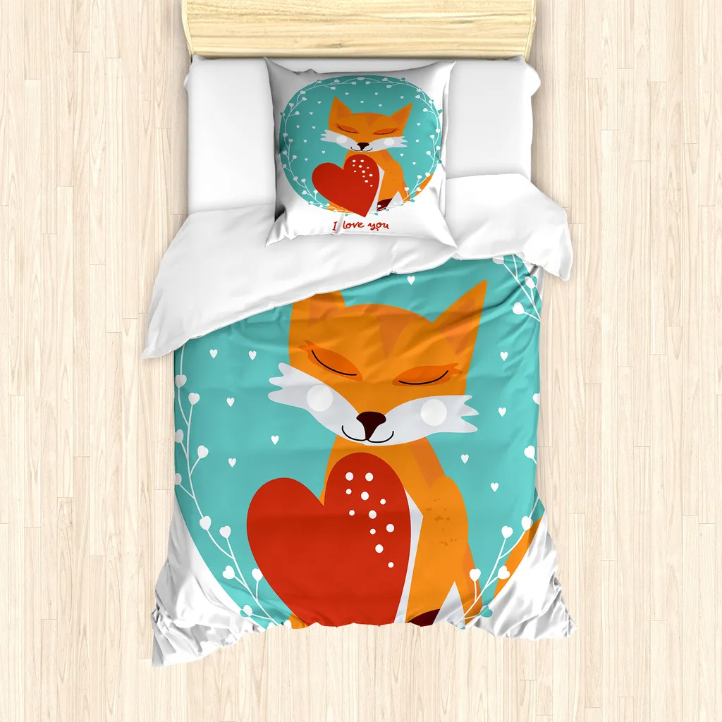 ABAKUHAUS Set copripiumino per letto singolo "Ti amo", tema romantico Fox Herz, antiacaro, adatto a chi soffre di allergie, con federa, 135 cm x 200 cm - 80 x 80 cm, bianco multicolore