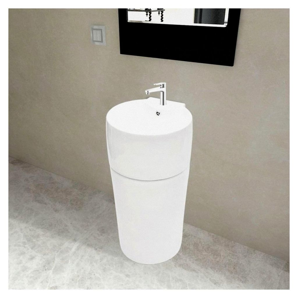 Keramik Standwaschbecken - Rundes Waschbecken mit Überlaufloch, Weiß 400 x 415 x 860 mm (B x T x H) freistehend oder wandhängend