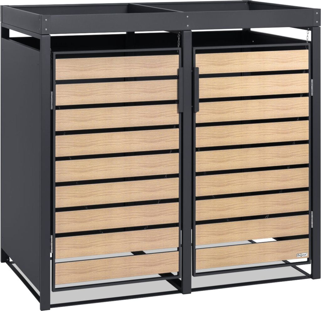 A two-bin trash can enclosure with wooden-look doors and a planting roof, shown from the front.