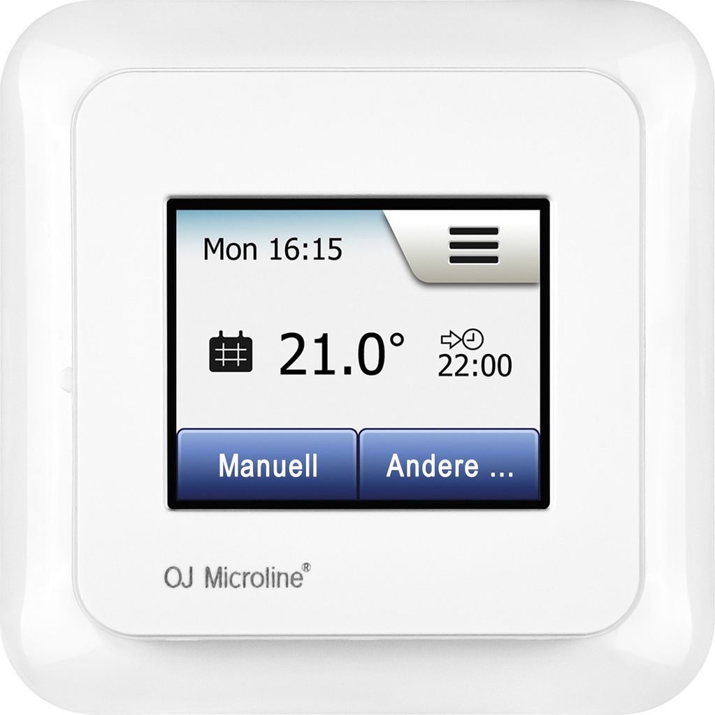 A white thermostat with a digital display showing the time, date, temperature, and two buttons.
