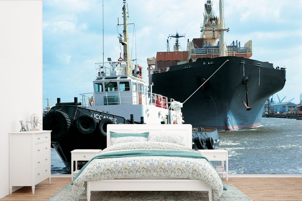 MuchoWow Fototapete für Wohnzimmer oder Schlafzimmer Wandtapete Vinyl Motivtapete Schlepper schleppt Containerschiff - 420x280 cm - Zimmer für ...