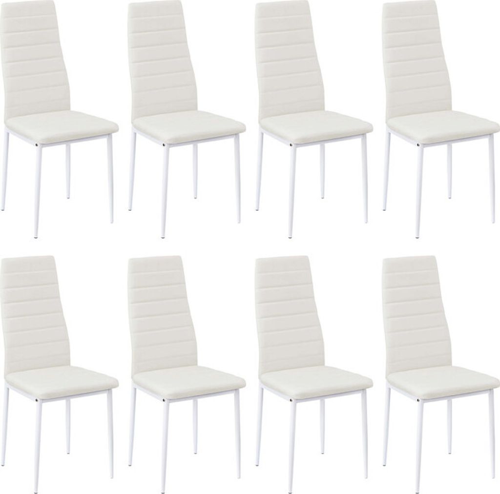 A set of eight white dining chairs arranged in two rows of four against a white background.